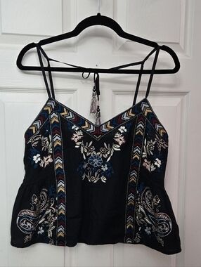 LOVE SAM Black Embroidered Floral Cami Top, Size SMALL